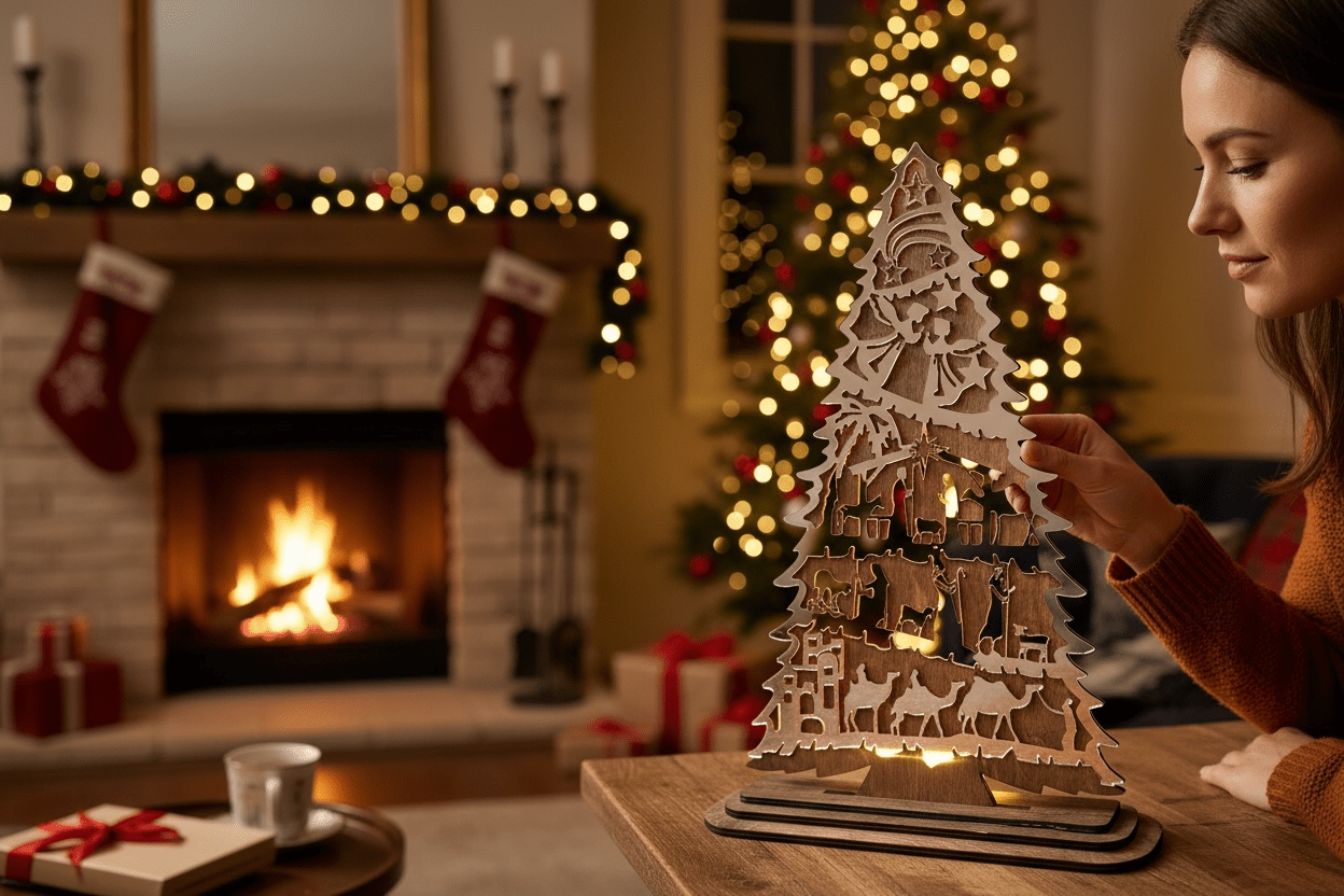 Nativity Acrylic Tree Red, Green, Rose Gold - Nifty Decor & More