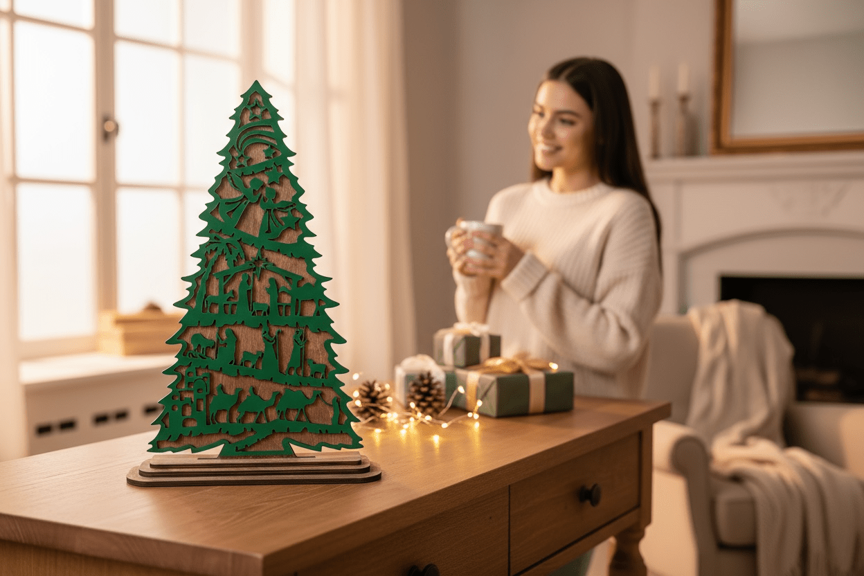 Nativity Acrylic Tree Red, Green, Rose Gold - Nifty Decor & More