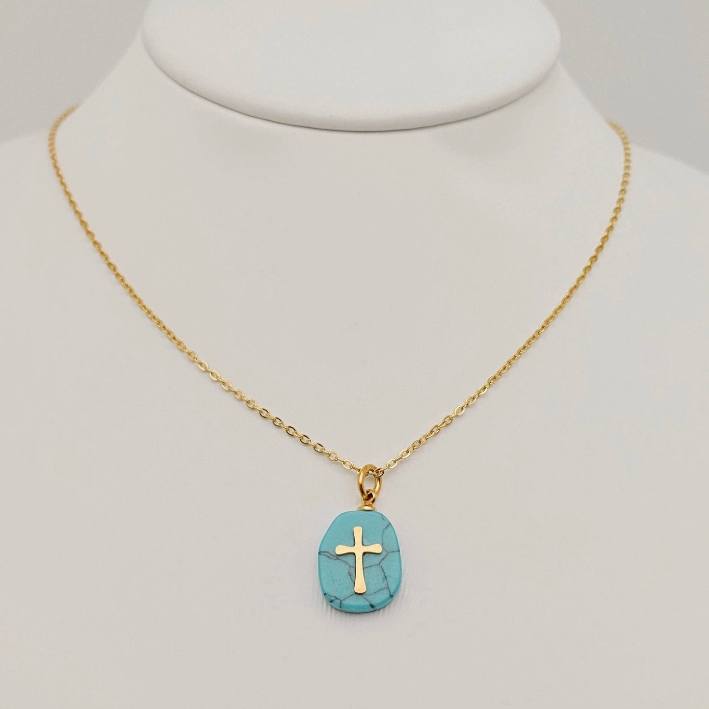 Natural Stone Stainless Steel Cross Pendant Necklace - CS - Nifty Decor & More