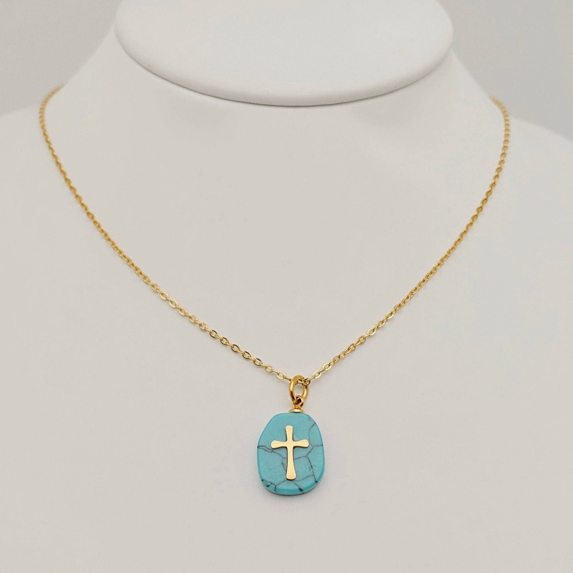 Natural Stone Stainless Steel Cross Pendant Necklace - CS - Nifty Decor & More