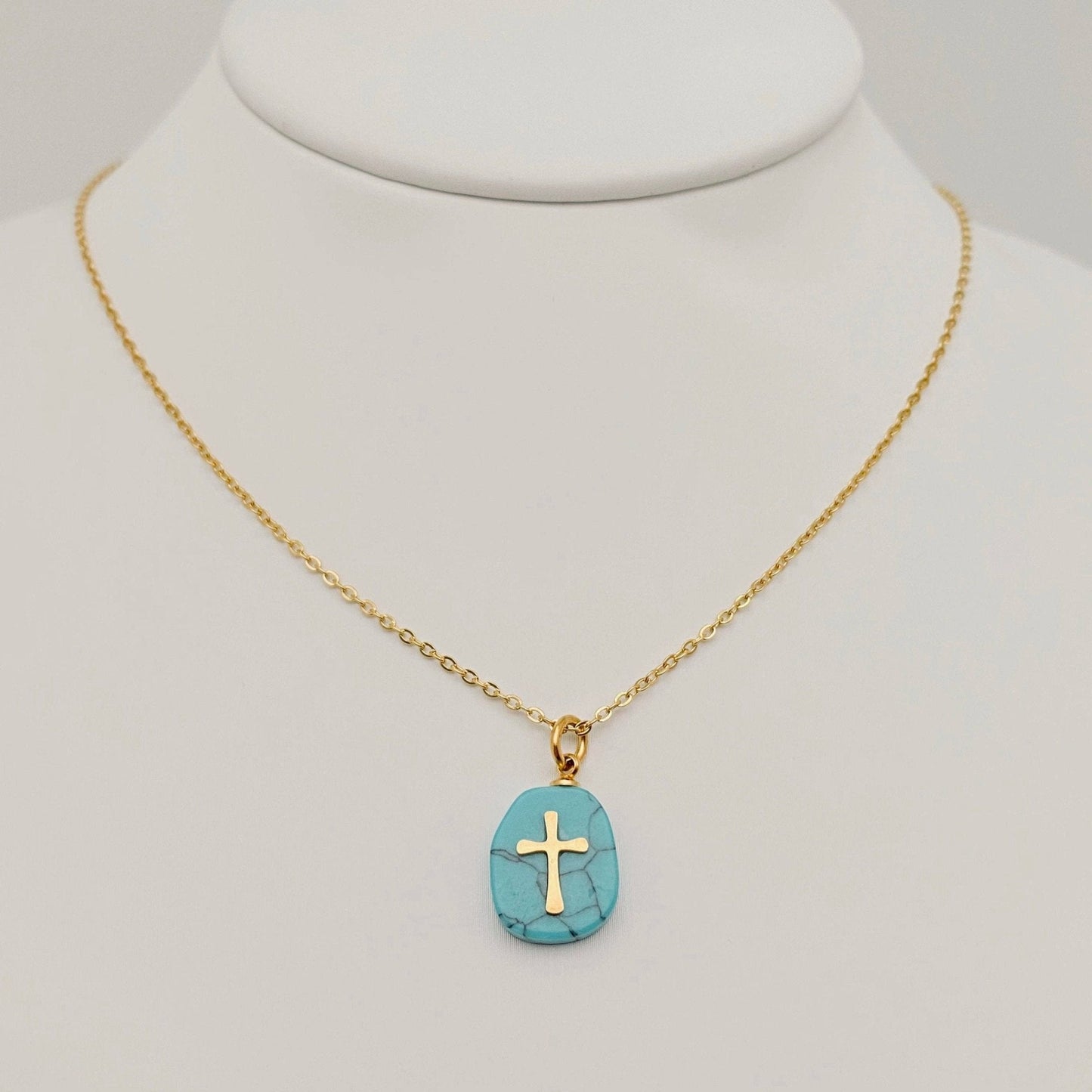 Natural Stone Stainless Steel Cross Pendant Necklace - CS - Nifty Decor & More