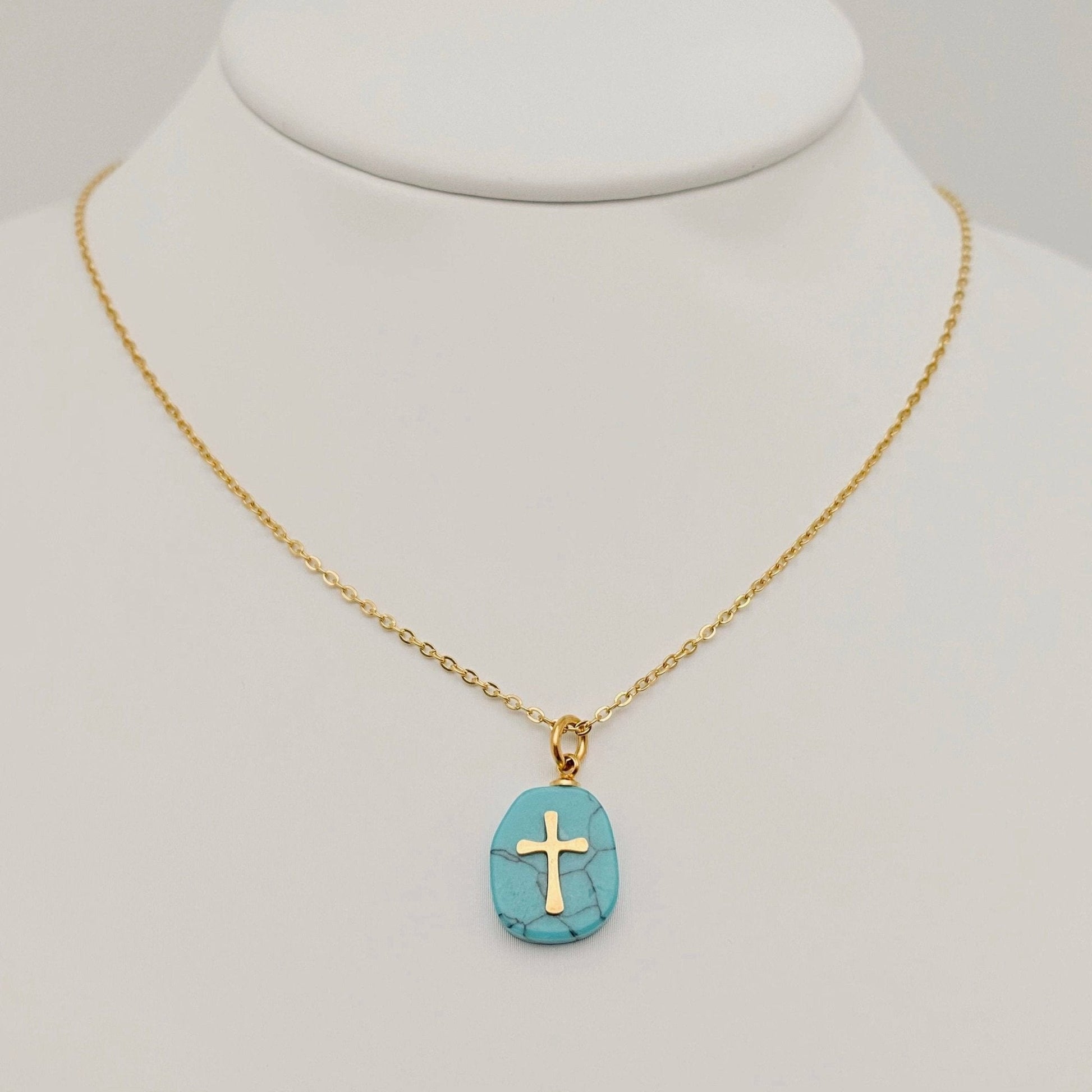 Natural Stone Stainless Steel Cross Pendant Necklace - CS - Nifty Decor & More