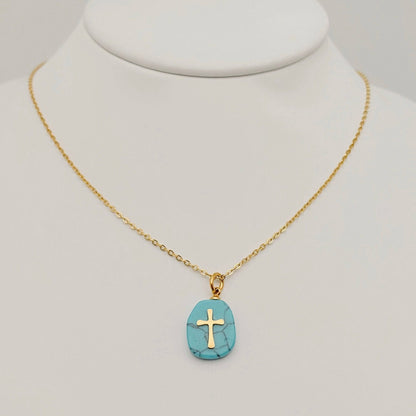 Natural Stone Stainless Steel Cross Pendant Necklace - CS - Nifty Decor & More