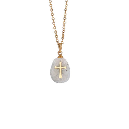 Natural Stone Stainless Steel Cross Pendant Necklace - CS Faith Necklace 6# gray