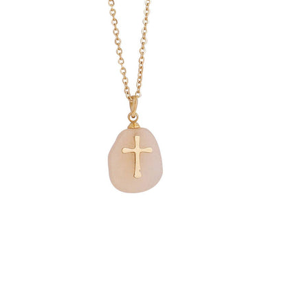 Natural Stone Stainless Steel Cross Pendant Necklace - CS Faith Necklace 3# White
