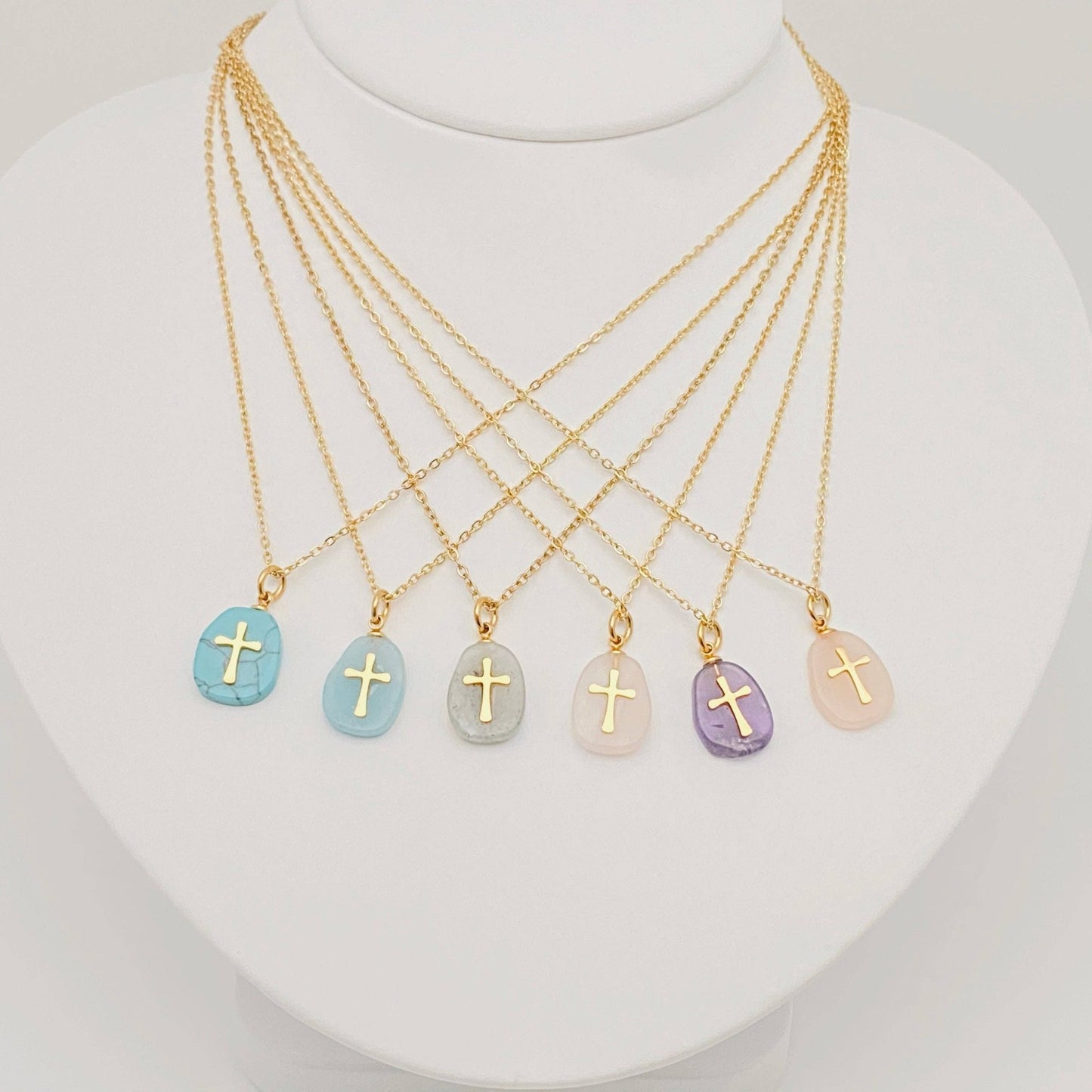 Natural Stone Stainless Steel Cross Pendant Necklace - CS - Nifty Decor & More