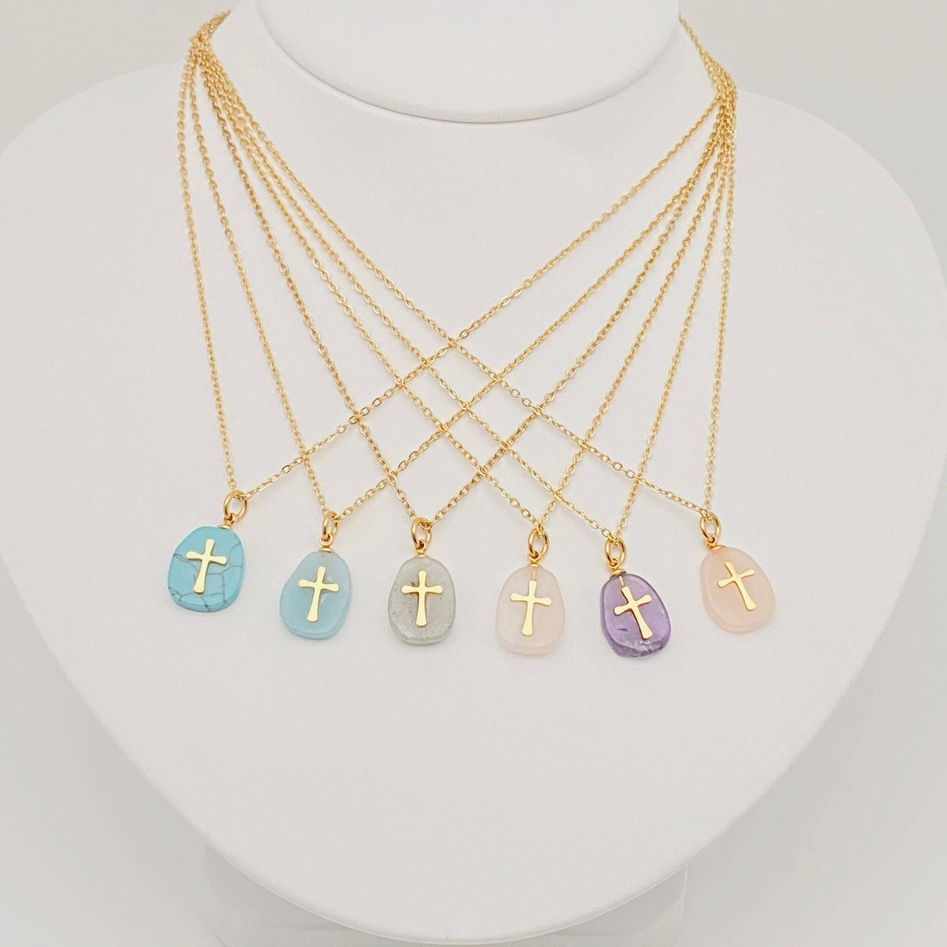 Natural Stone Stainless Steel Cross Pendant Necklace - CS - Nifty Decor & More