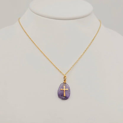 Natural Stone Stainless Steel Cross Pendant Necklace - CS - Nifty Decor & More