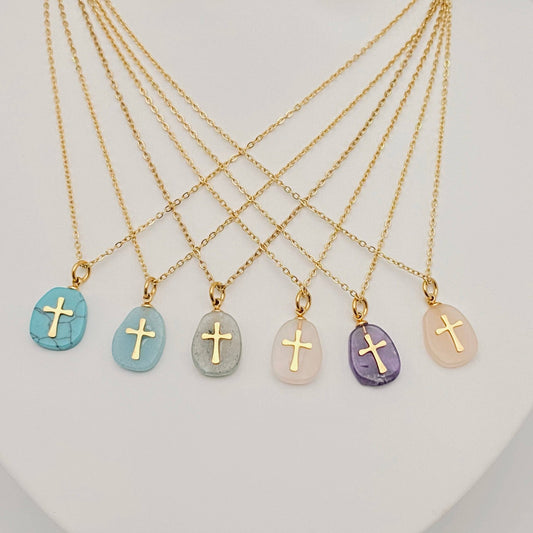 Natural Stone Stainless Steel Cross Pendant Necklace - CS - Nifty Decor & More