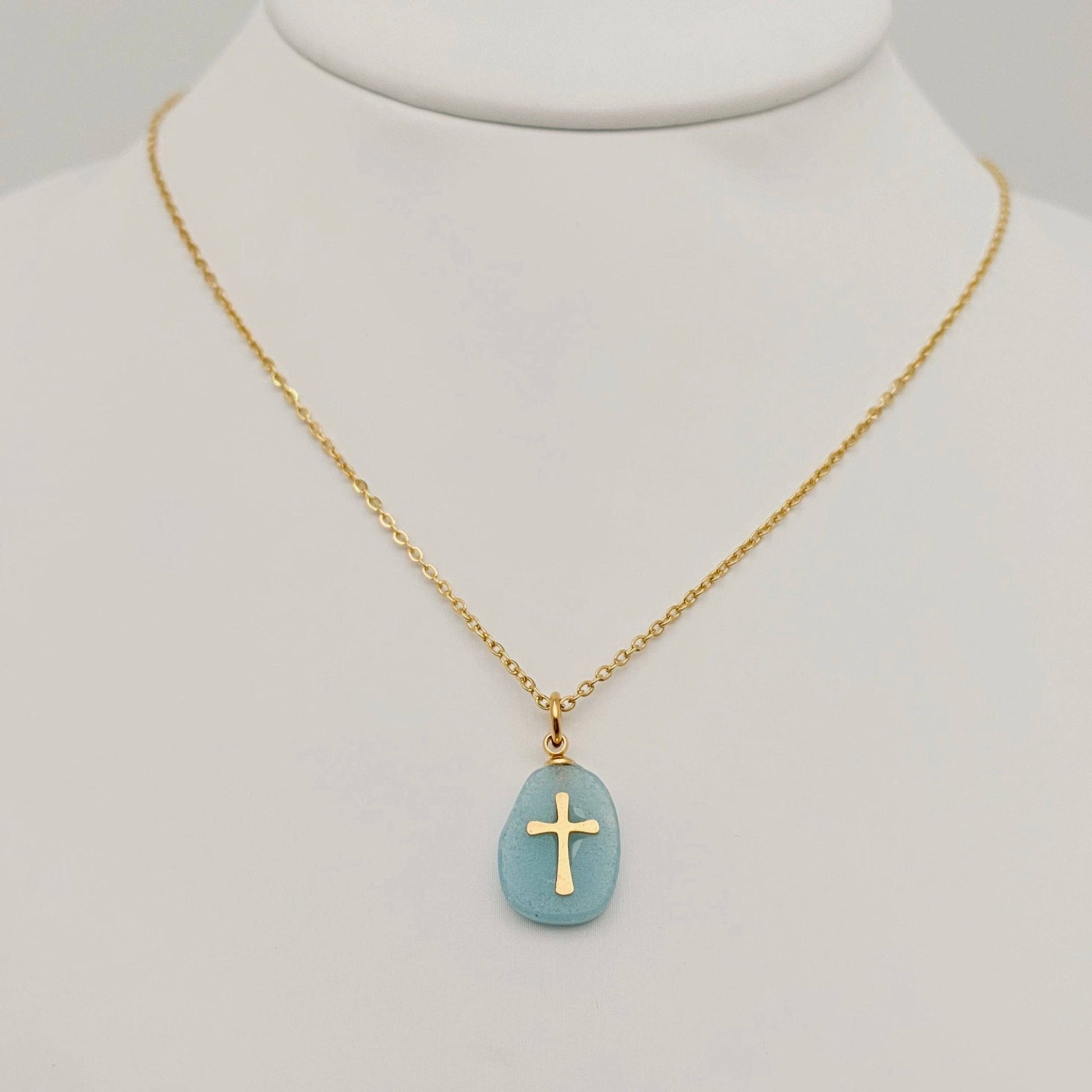 Natural Stone Stainless Steel Cross Pendant Necklace - CS - Nifty Decor & More