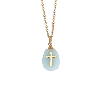 Natural Stone Stainless Steel Cross Pendant Necklace - CS Faith Necklace 5# Green