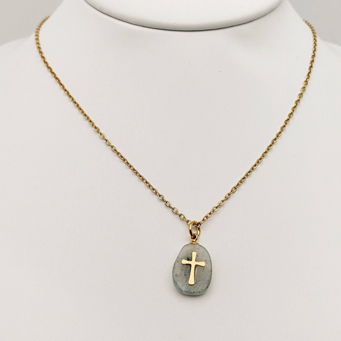 Natural Stone Stainless Steel Cross Pendant Necklace - CS - Nifty Decor & More