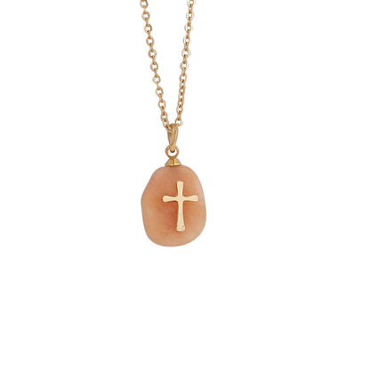 Natural Stone Stainless Steel Cross Pendant Necklace - CS Faith Necklace 2# Orange