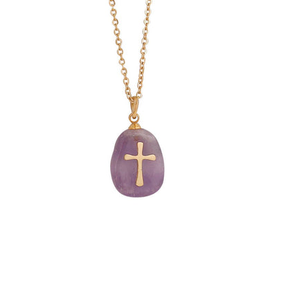 Natural Stone Stainless Steel Cross Pendant Necklace - CS - Nifty Decor & More