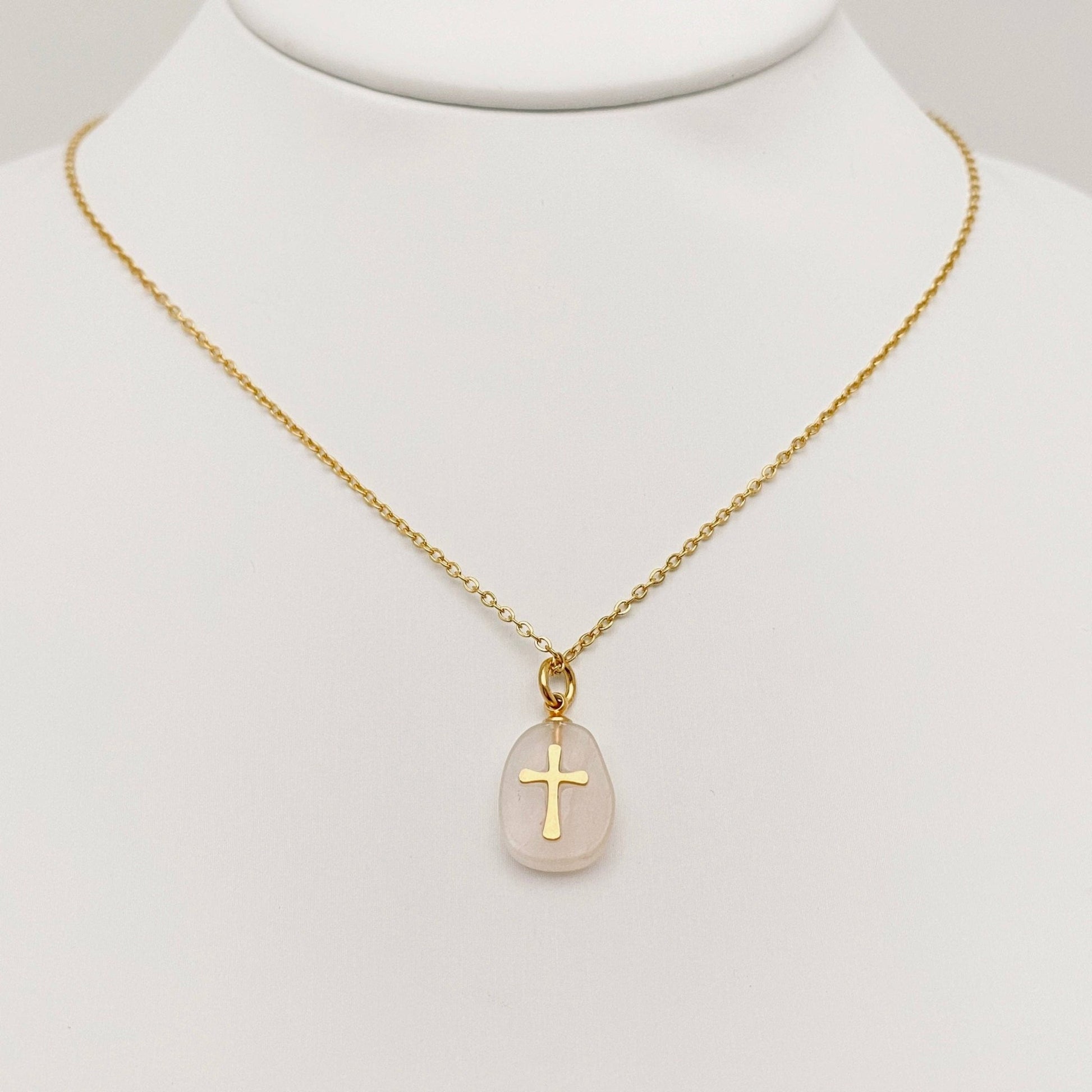 Natural Stone Stainless Steel Cross Pendant Necklace - CS - Nifty Decor & More