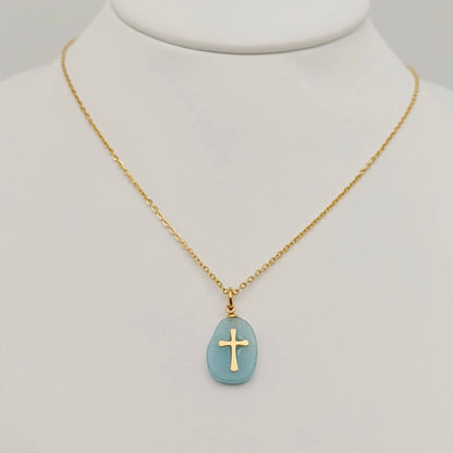 Natural Stone Stainless Steel Cross Pendant Necklace - CS - Nifty Decor & More