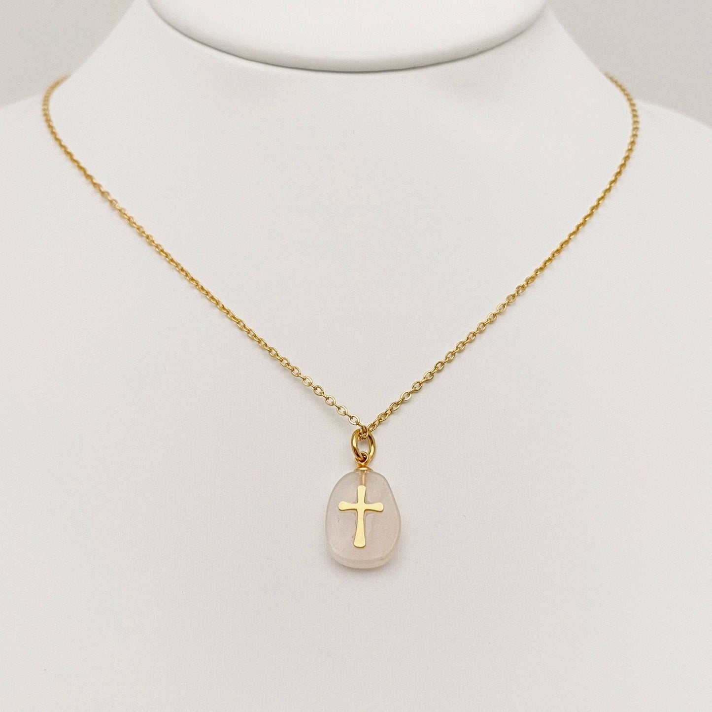 Natural Stone Stainless Steel Cross Pendant Necklace - CS - Nifty Decor & More