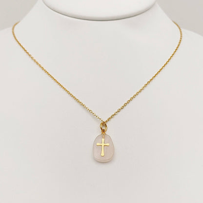 Natural Stone Stainless Steel Cross Pendant Necklace - CS - Nifty Decor & More