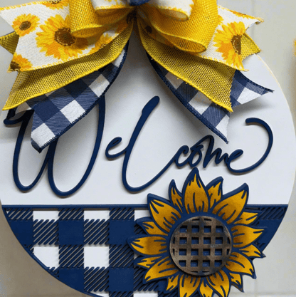 Navy Blue Sunflower Welcome Door Hanger | Chic Summer Charm | Rustic Home Decor | Summer Home Wall Accent