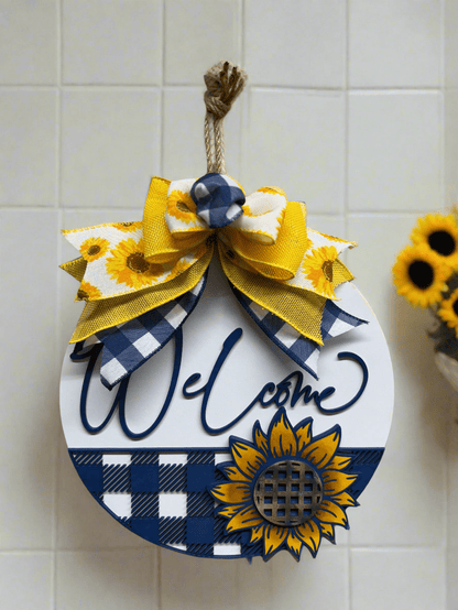 Navy Blue Sunflower Welcome Door Hanger | Chic Summer Charm | Rustic Home Decor | Summer Home Wall Accent 11.5"