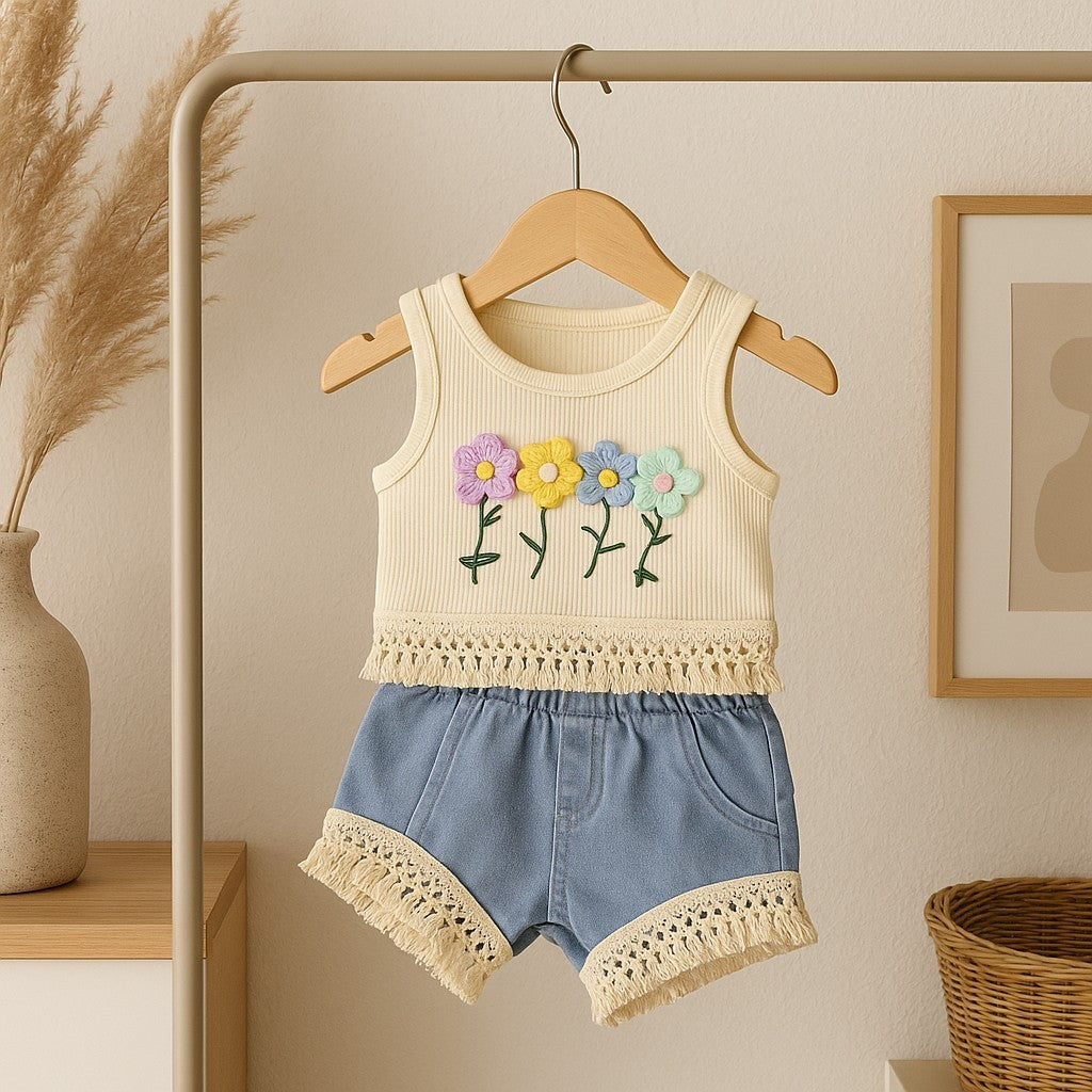 Bohemian Embroidered Baby Girl Clothes Set, 3D Floral Tassel Vest & Denim Shorts, Trendy Toddler Outfit, Adorable Gift Idea Baby Clothes