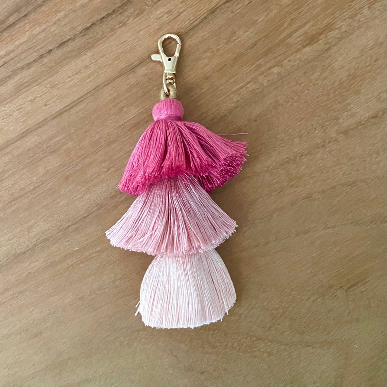 Ombre Tassel Keychain with Clasp 3 Tiered Large Pink