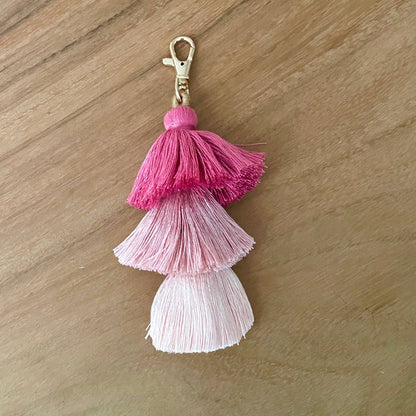 Ombre Tassel Keychain with Clasp 3 Tiered Large Pink