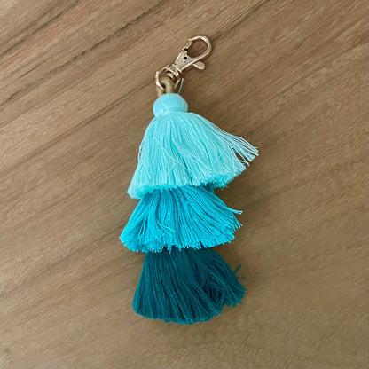 Ombre Tassel Keychain with Clasp 3 Tiered Large Blue