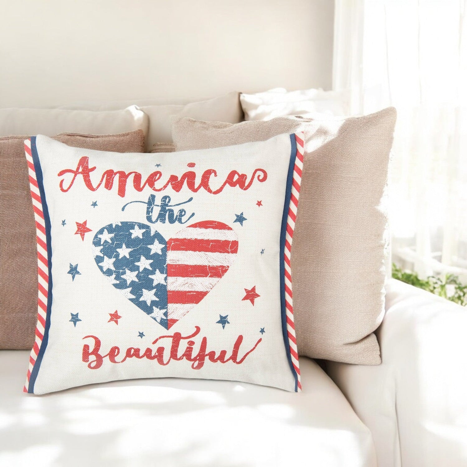 Patriotic America The Beautiful 4th of July Throw Pillow, Bold Red White Blue Statement, Ideal for 4th of July Party & Seasonal Gif - Nifty Decor & More