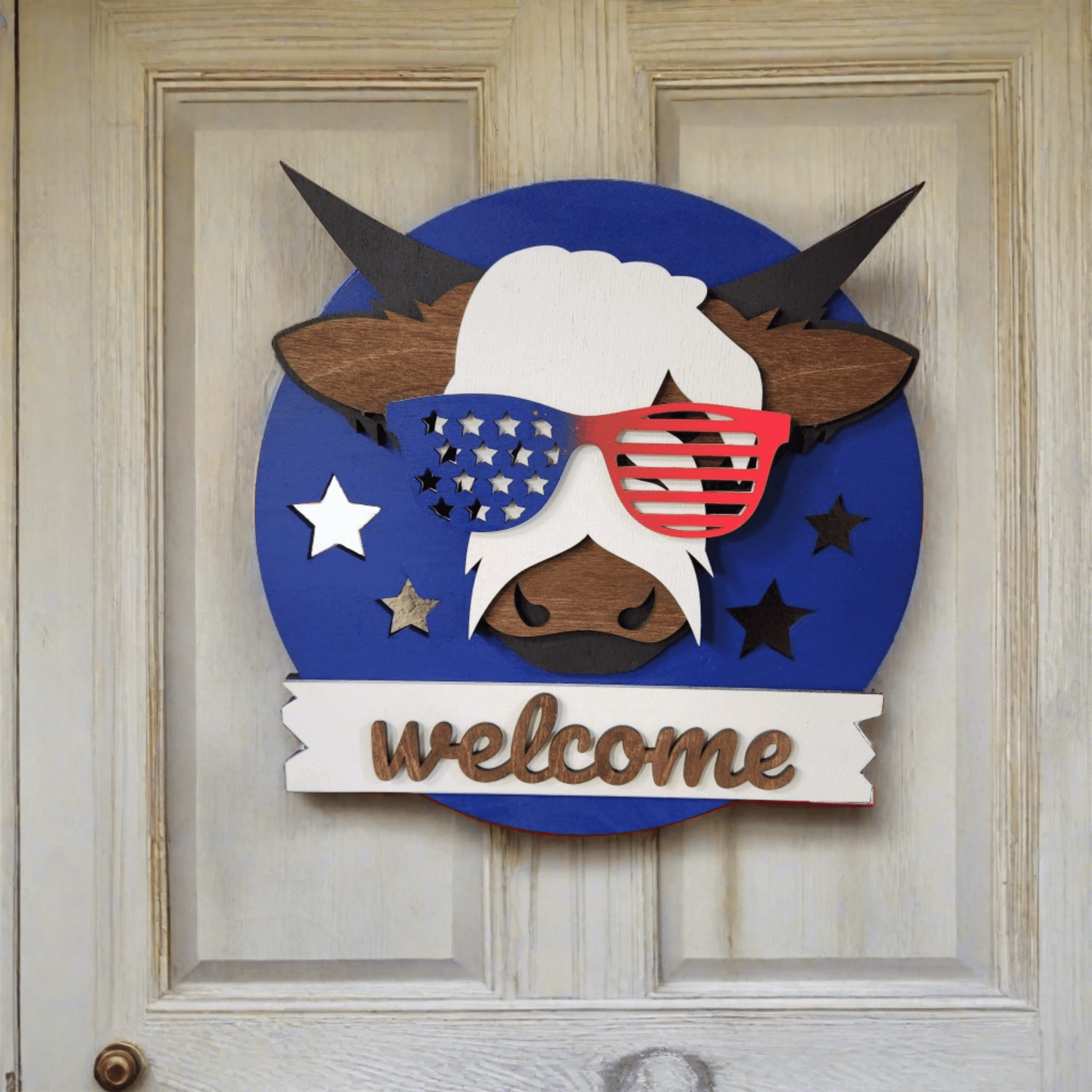 Patriotic Highland Cow Door Hanger American Flag Glasses Wood Sign - Nifty Decor & More