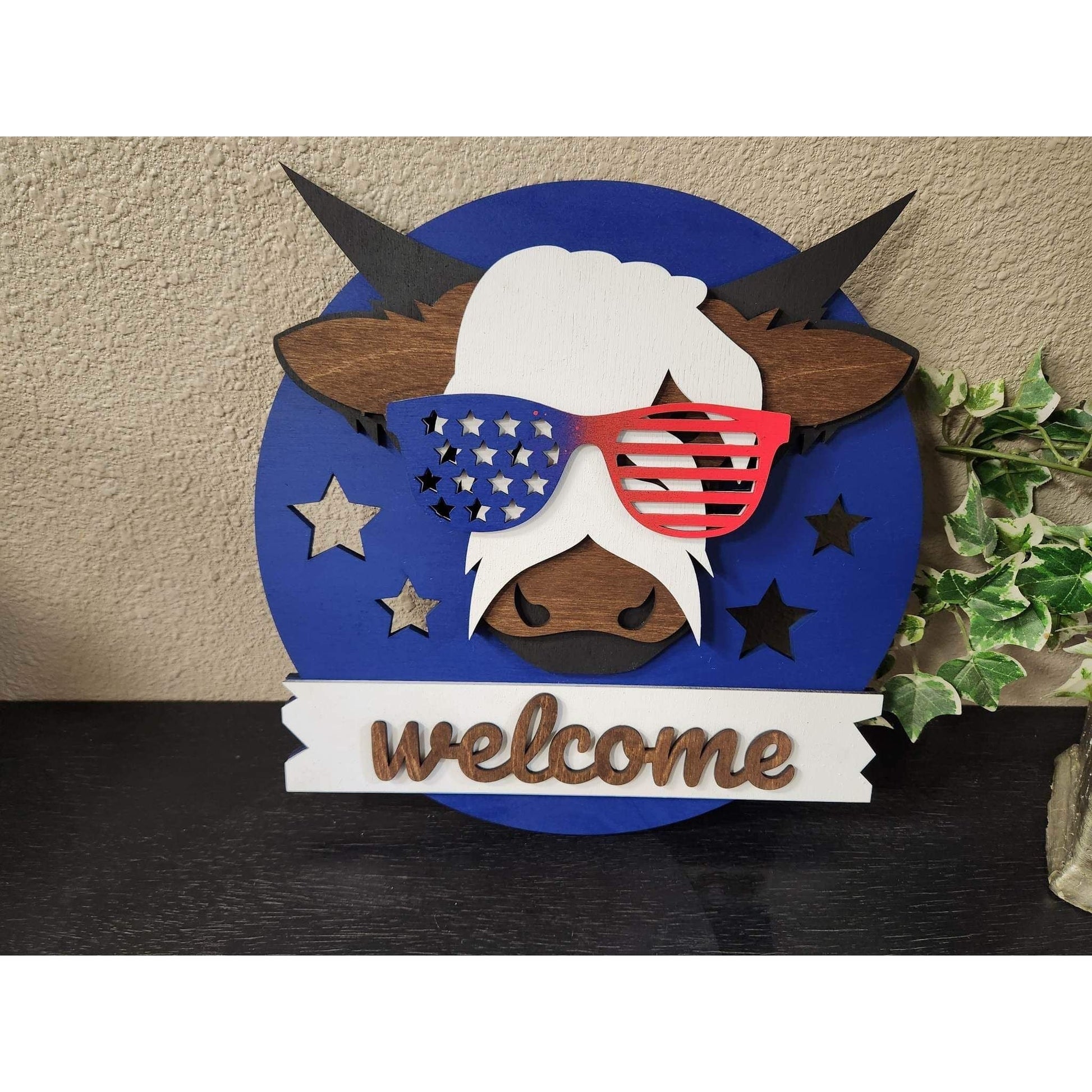 Patriotic Highland Cow Door Hanger American Flag Glasses Wood Sign - Nifty Decor & More