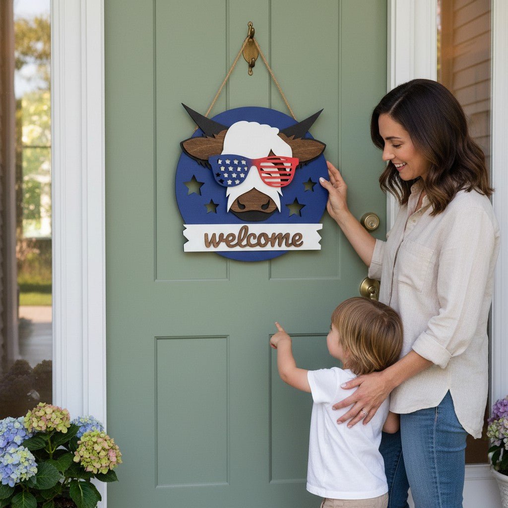 Patriotic Highland Cow Door Hanger American Flag Glasses Wood Sign - Nifty Decor & More