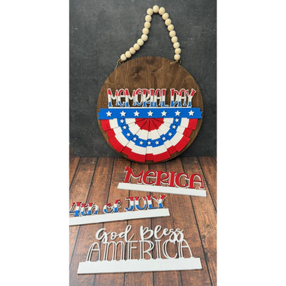 Patriotic Interchangeable Hanger Round Wood Welcome Sign for 4th of July and Summer - Nifty Decor & More