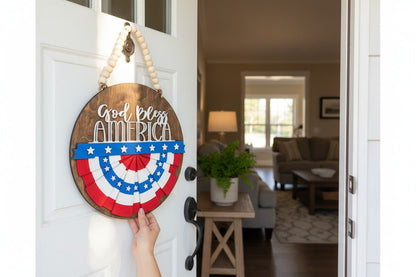 Patriotic Interchangeable Hanger Round Wood Welcome Sign for 4th of July and Summer - Nifty Decor & More