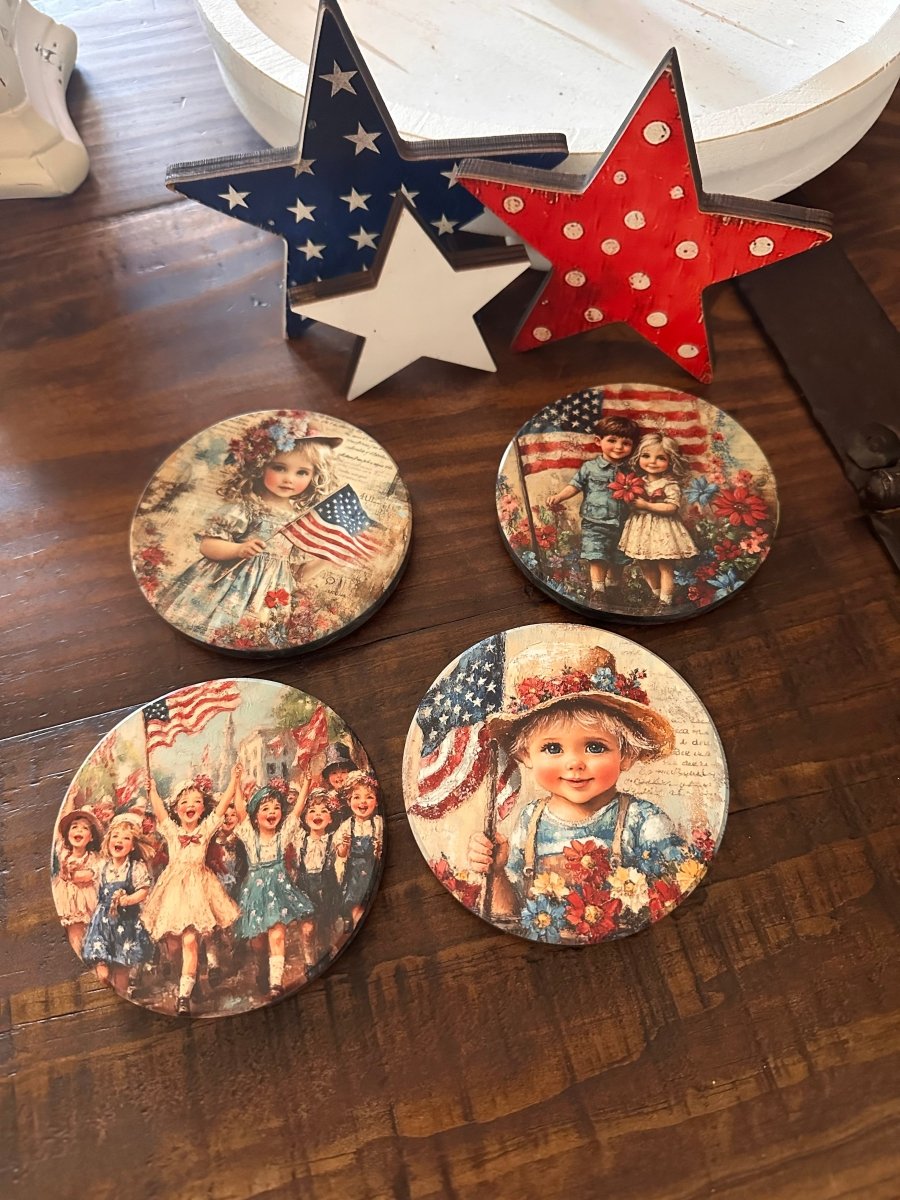 Patriotic Marble Coasters Set of 4 | 4 Inch Round Stone Coasters with Felt Backing for Drinks, Vibrant UV Printed Vintage Americana Decor, Heavy Marble Tile Art for Men, Housewarming Gift - Nifty Decor & More