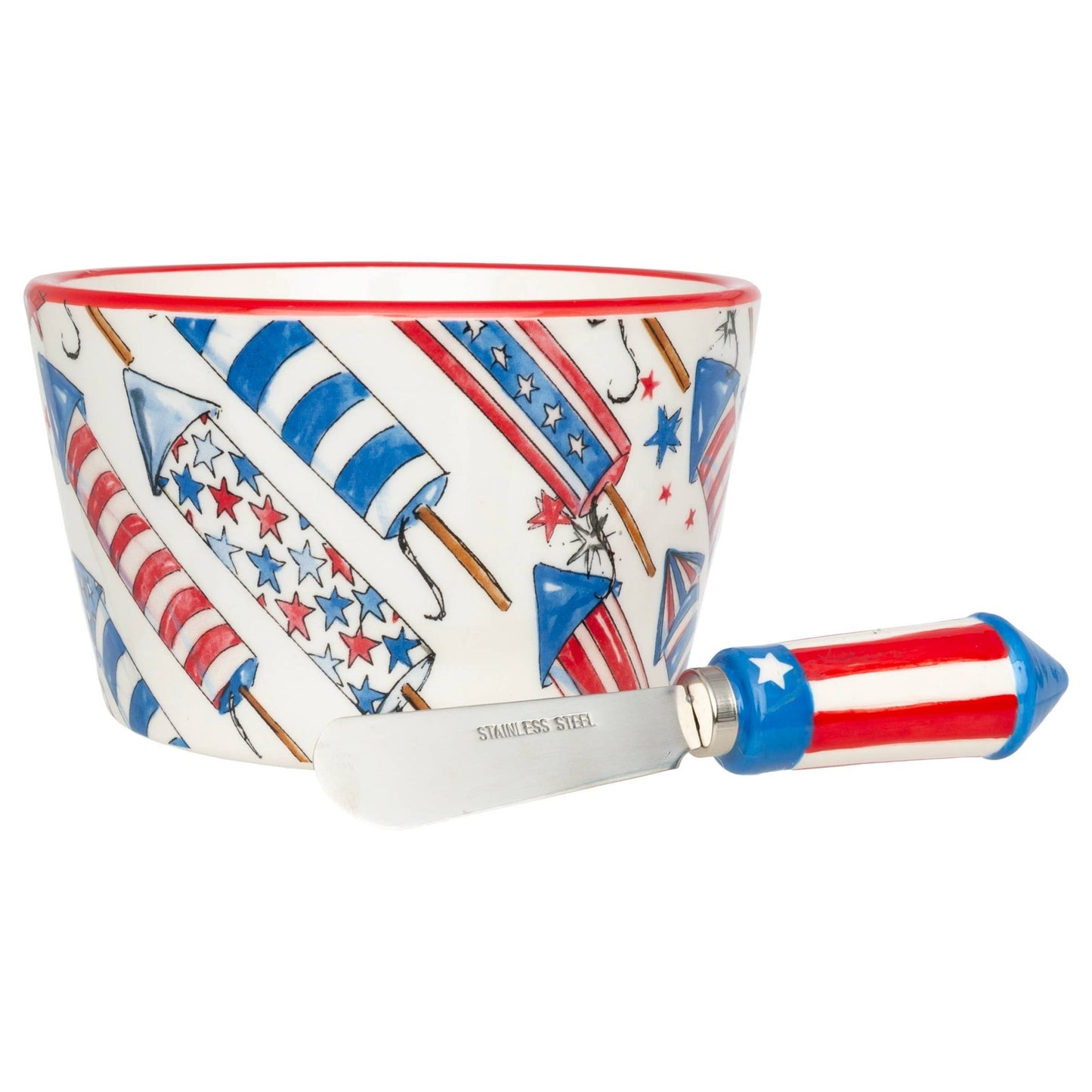 Patriotic Rockets Ceramic 14 oz Bowl & Spreader Rosanne Beck - Nifty Decor & More