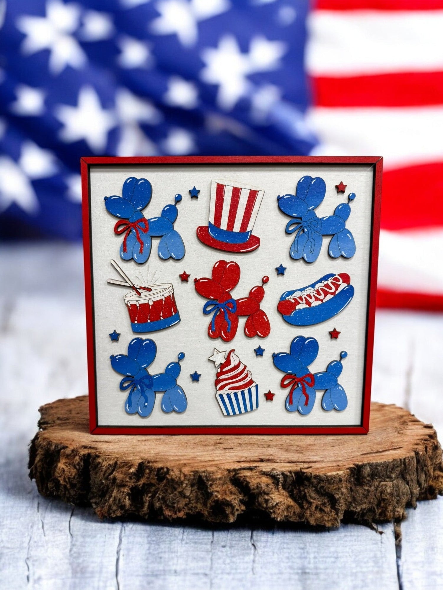 Patriotic Wooden Canvas Frame, Funky Balloon Dogs & Yummy Ice Cream Designs, Perfect Wall Art for Home or Party, Fun Gift for Art Lovers - Nifty Decor & More