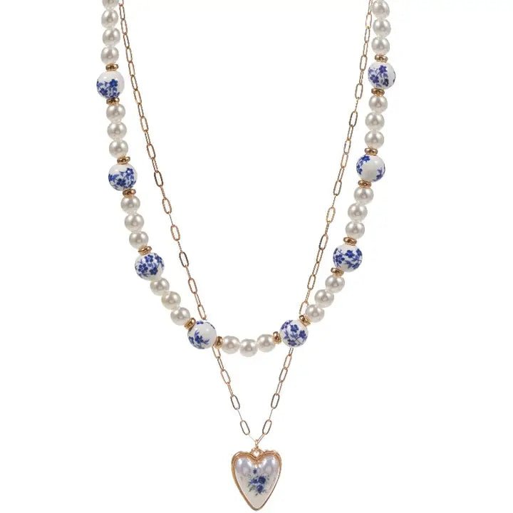 Pearl Ceramic Bead Flower Heart 2 Layered Necklace - Nifty Decor & More