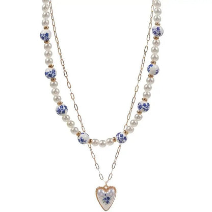 Pearl Ceramic Bead Flower Heart 2 Layered Necklace - Nifty Decor & More