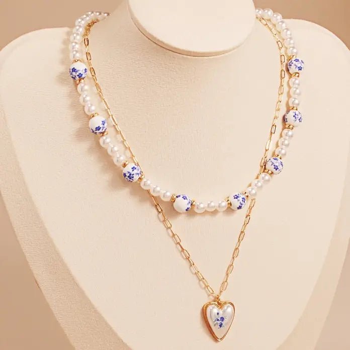 Pearl Ceramic Bead Flower Heart 2 Layered Necklace - Nifty Decor & More