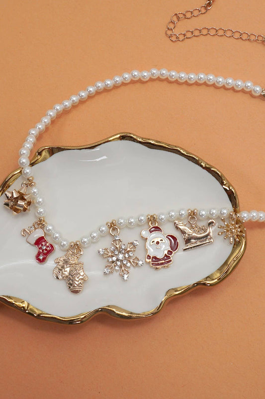 Pearl Chain Necklace with Christmas Charms | 80N91725 GOLD