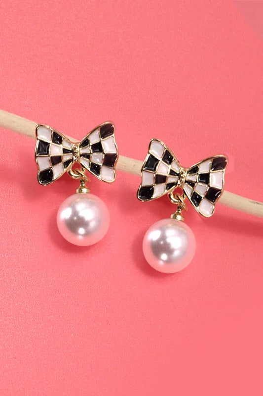 Pearl Drop Earrings with Checker Bow Detail, Fashion-Forward Accent for Every Outfit, Birthday or Anniversary Gift Chic Earrings