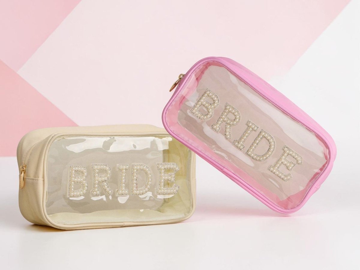 Pearl - Embellished "Bride" Clear Travel Pouch – Waterproof Bachelorette & Honeymoon Glam - Nifty Decor & More