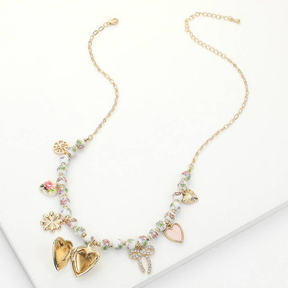 Pearl & Floral Heart Locket Charm Necklace, Delicate Station Design, Ideal Bracelet or Necklace Gift Charms with Necklace