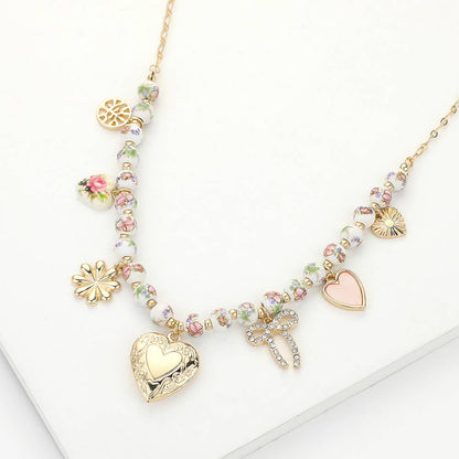Pearl & Floral Heart Locket Charm Necklace, Delicate Station Design, Ideal Bracelet or Necklace Gift Charms with Necklace