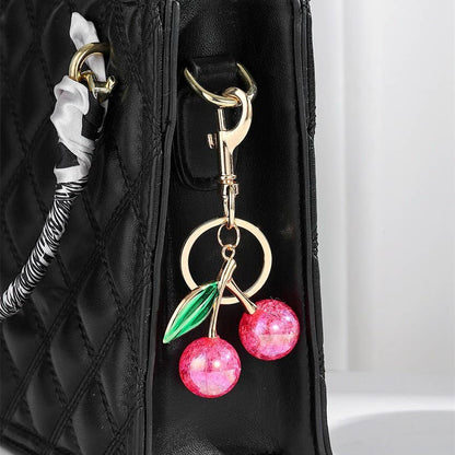 Pearlie Cherry Drop Keychain, Preppy Bag Charm with Leaf Accent, Stylish Purse Accessory, Gift for Her