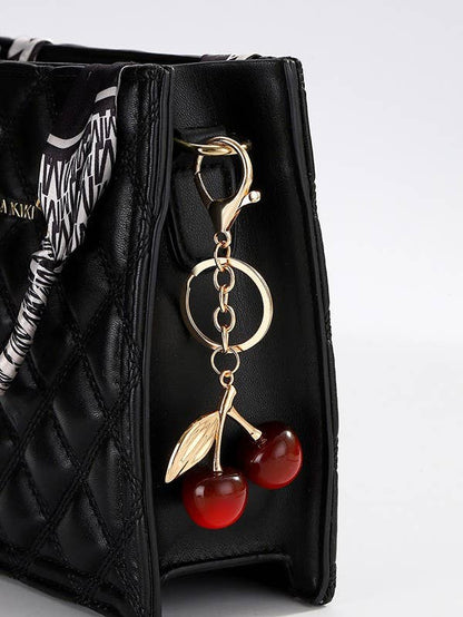 Pearlie Cherry Drop Keychain, Preppy Bag Charm with Leaf Accent, Stylish Purse Accessory, Gift for Her