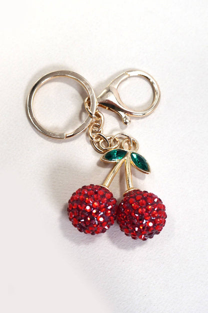 Pearlie Cherry Drop Keychain, Preppy Bag Charm with Leaf Accent, Stylish Purse Accessory, Gift for Her Rhinestone