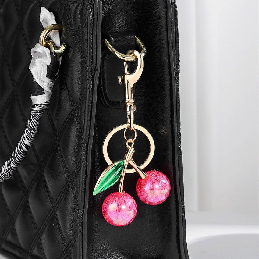 Pearlie Cherry Drop Keychain, Preppy Bag Charm with Leaf Accent, Stylish Purse Accessory, Gift for Her - Nifty Decor & More