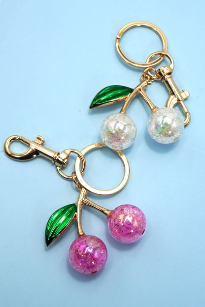 Pearlie Cherry Drop Keychain, Preppy Bag Charm with Leaf Accent, Stylish Purse Accessory, Gift for Her